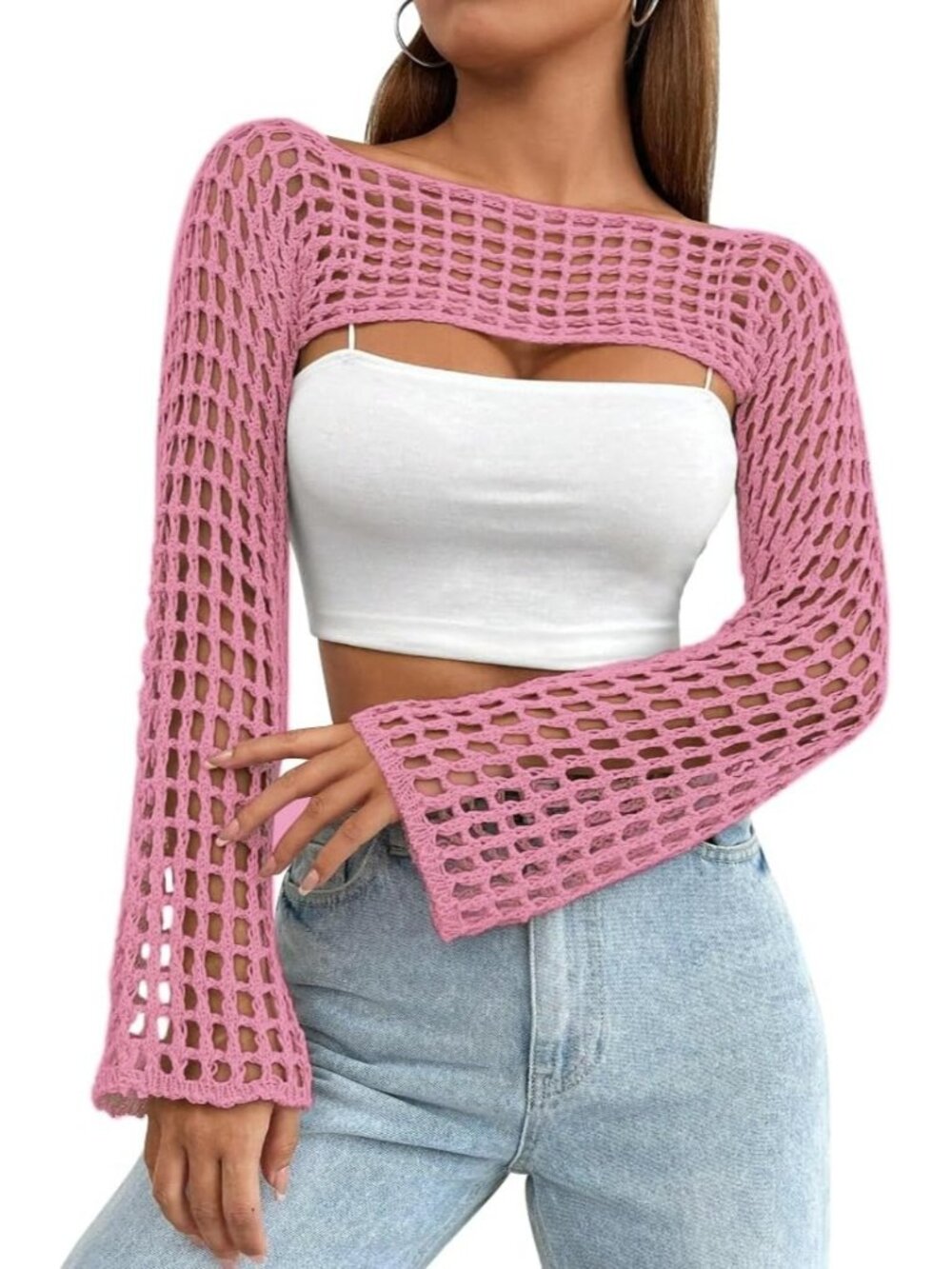 〽️Women's Pink Long Sleeve Y2K Crochet Shrug See Out Cropped Knit Sweater Top